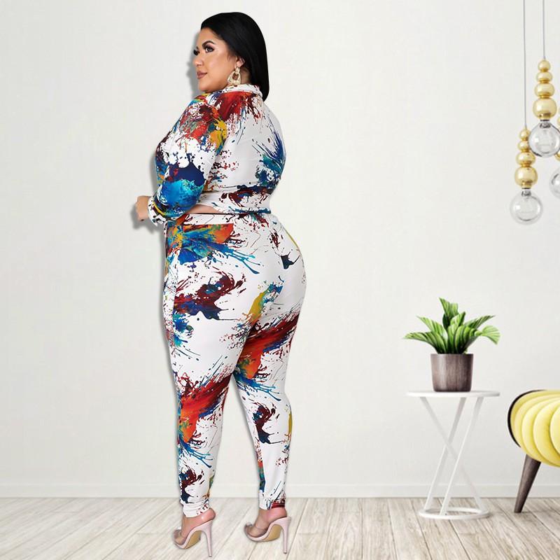 Womens Knit Printed Casual Two-Piece Set Long Sleeve Top Pants White Green 2025 Plus Size 1XL-5XL