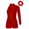 Kids Performance Leotard Set: Single Long Sleeve Shiny Sequins Bodysuit with Back Invisible Zipper & Hair Headband