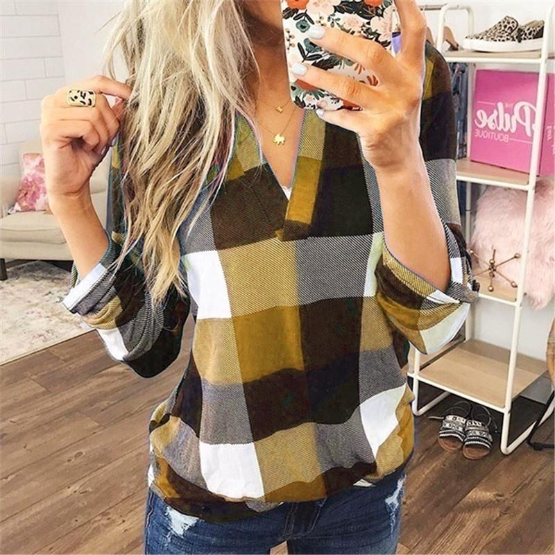 Stylish S-5xl Women's Long Sleeve Plaid T-shirt Blouse With V-neck Design