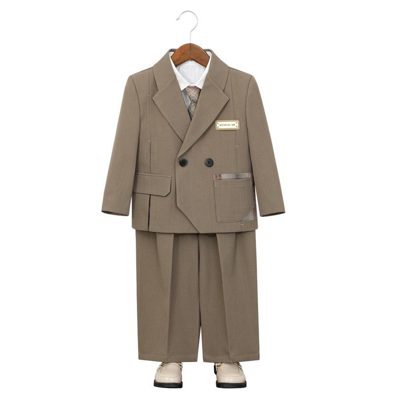 Boys Formal Suit Set Double Breasted Blazer Long Sleeve Shirt Tie Pants Kids Outfit for Wedding Party School Performance 2-12 Y
