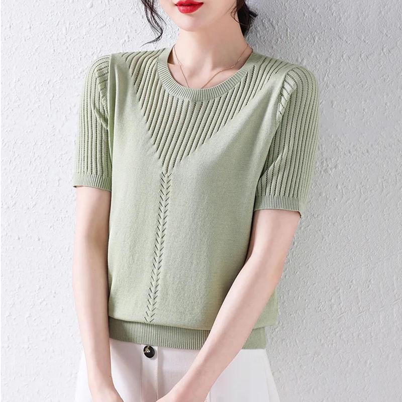 

Женский летний тонкий ажурный вязаный свитер, однотонная футболка с короткими рукавами 2XL зелёный