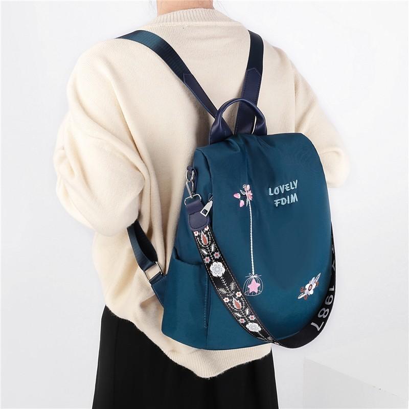 Floral Embroidered Double Backpack Large Capacity Women's Bag Oxford Fabric Blue Black Khaki