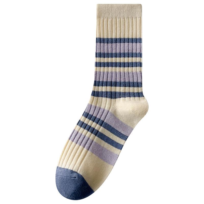 New Warm Casual Cotton Mid Socks Retro Contrast Stripes Same Color Match College Style Cotton Socks Winter Socks