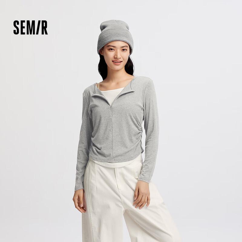 Semir Women's Slim Fit Faux Two-Piece Short Long Sleeve T-Shirt