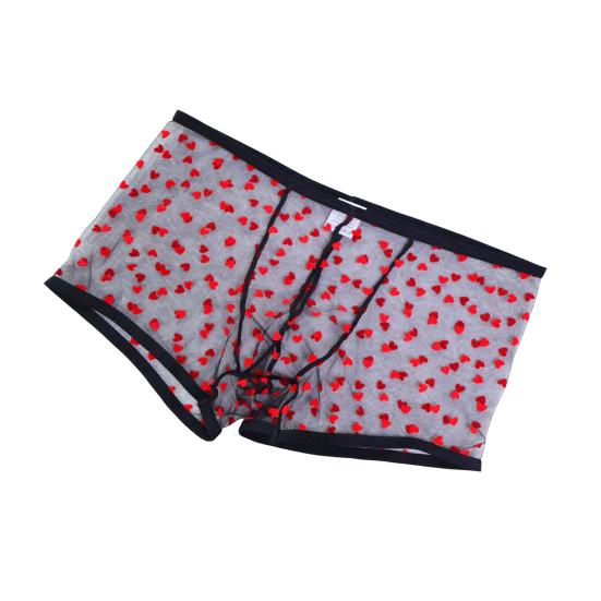 Men Boxer Underwear Elastic Mid-rise Perspective Hollow Mesh Design Boxer Briefs Heart Pattern Underwear Anniversary Gift