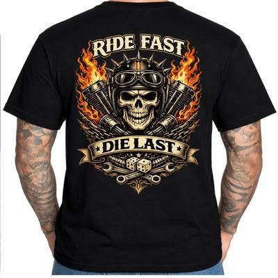 Ride Fast Die Last Skull Flaming Engine Vintage Biker Motorcycle Graphic T-Shirt
