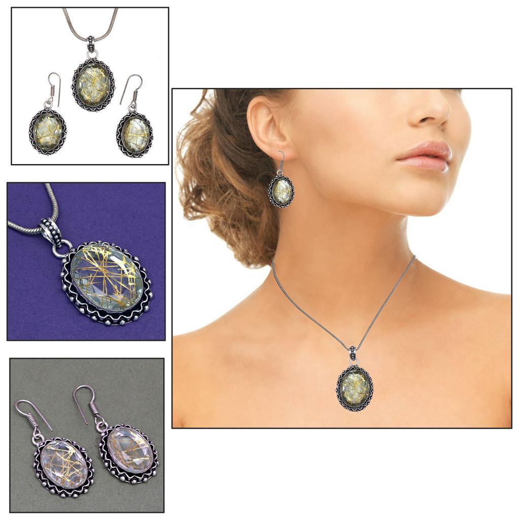 Rutile  Golden Set Earring Jewelry 18-20'' Pendant Quartz Sterling