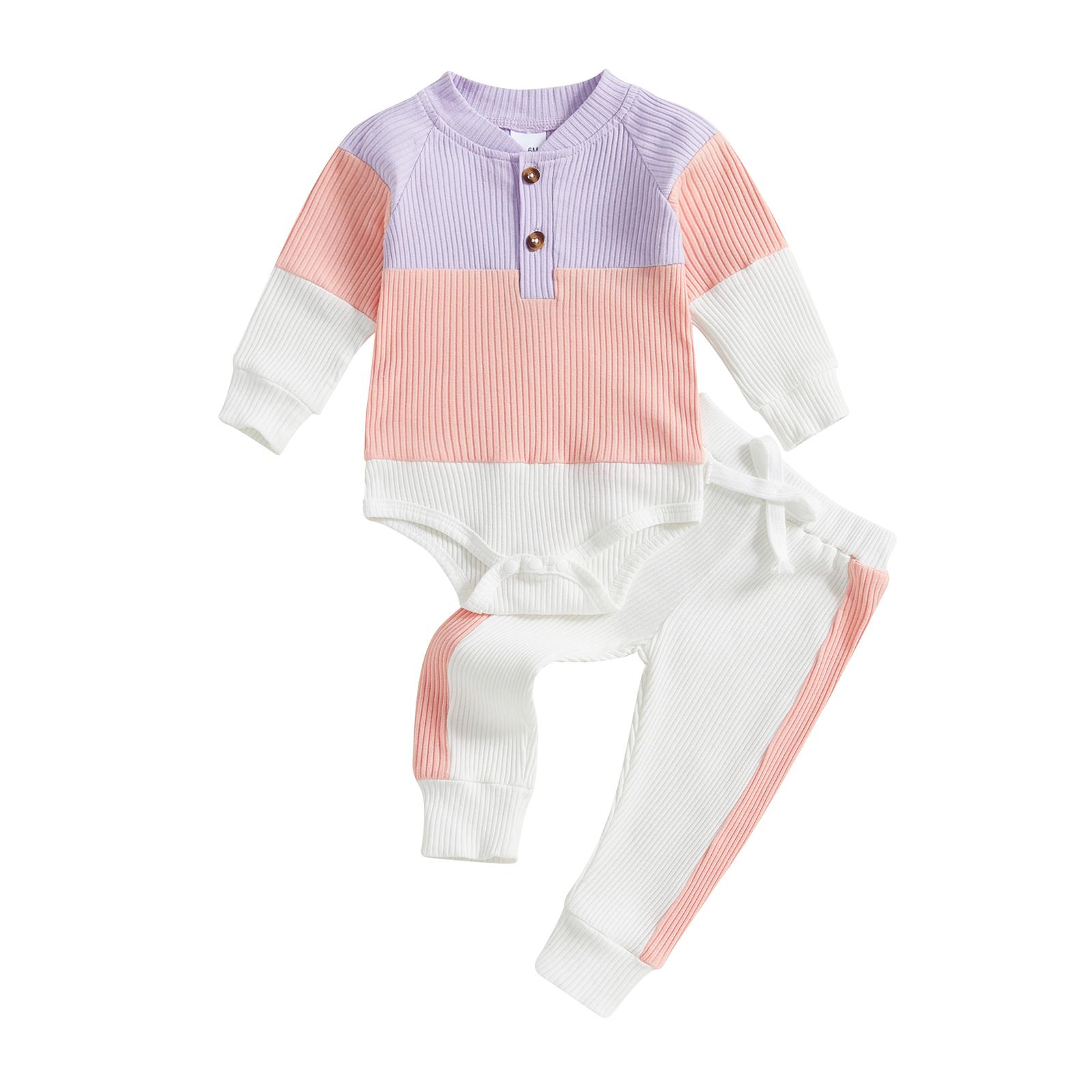

Осенние наряды для девочек, ребристый контрастный цвет, длинный рукав, комбинезон, длинные штаны, комплект из 2 предметов одежды 3-6 Months розовый