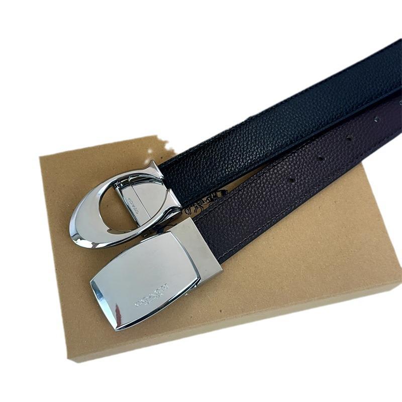 Men's Classic Double Buckle Leather Belt with C Buckle and Fabric Texture - Business Casual Trousers Accessory