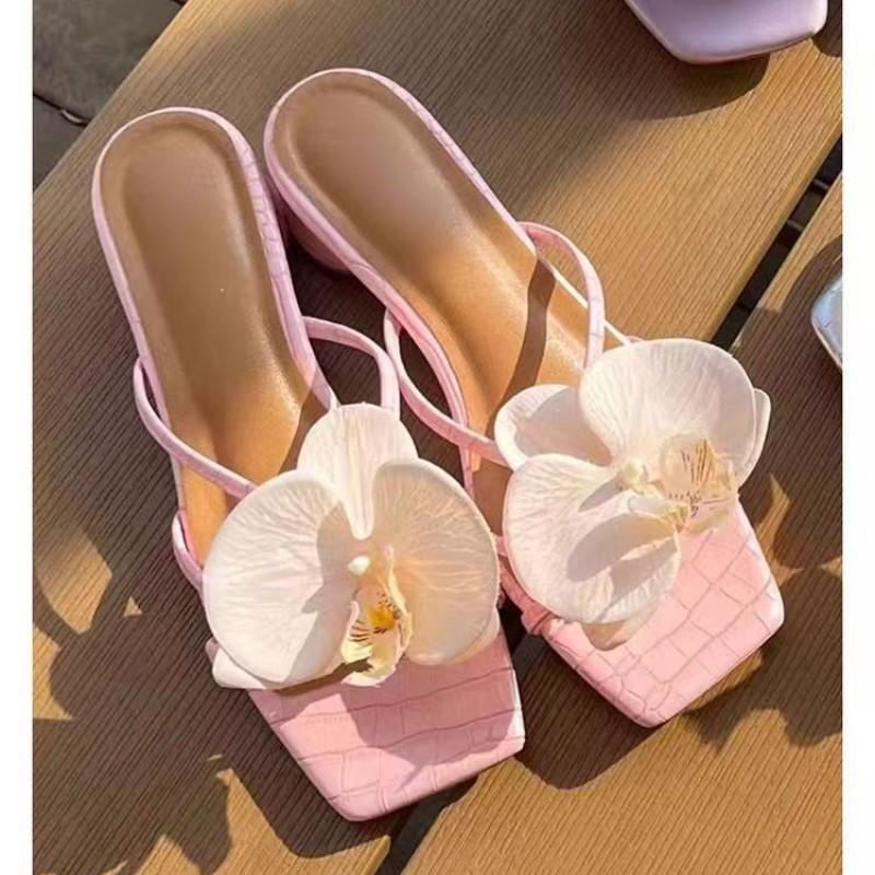 Fashion Brand Shoes Female 2025 Summer New Elegant Flowers Design Women's Slippers Casual Fashionable Outer Wear High Heel Slides Women
