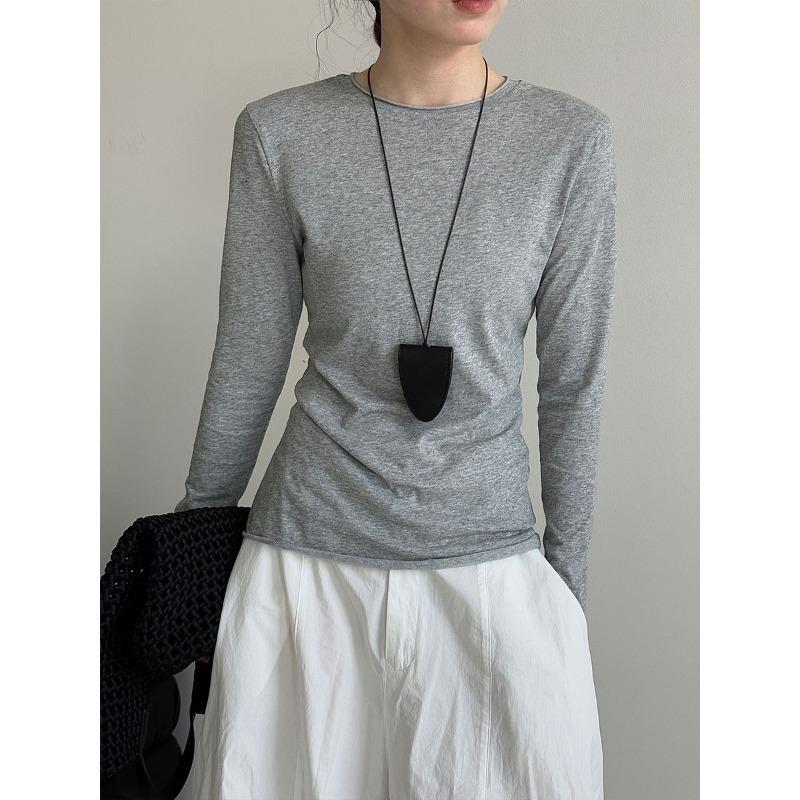 Luxi Korean Style Versatile Rolled Edge Round Neck Bottoming Shirt for Women Autumn New Long-sleeved Inner Slim Fit Top