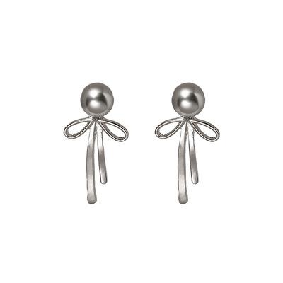 Silver needle silver gray pearl bow earrings women's versatile design sense two-wear stud earrings temperament ear jewelry