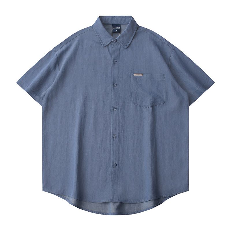 Original Foreign Trade Surplus Ice Silk Cool-Touch Summer Men's Retro Casual Turn-Down Collar Solid Color Short-Sleeve Shirt