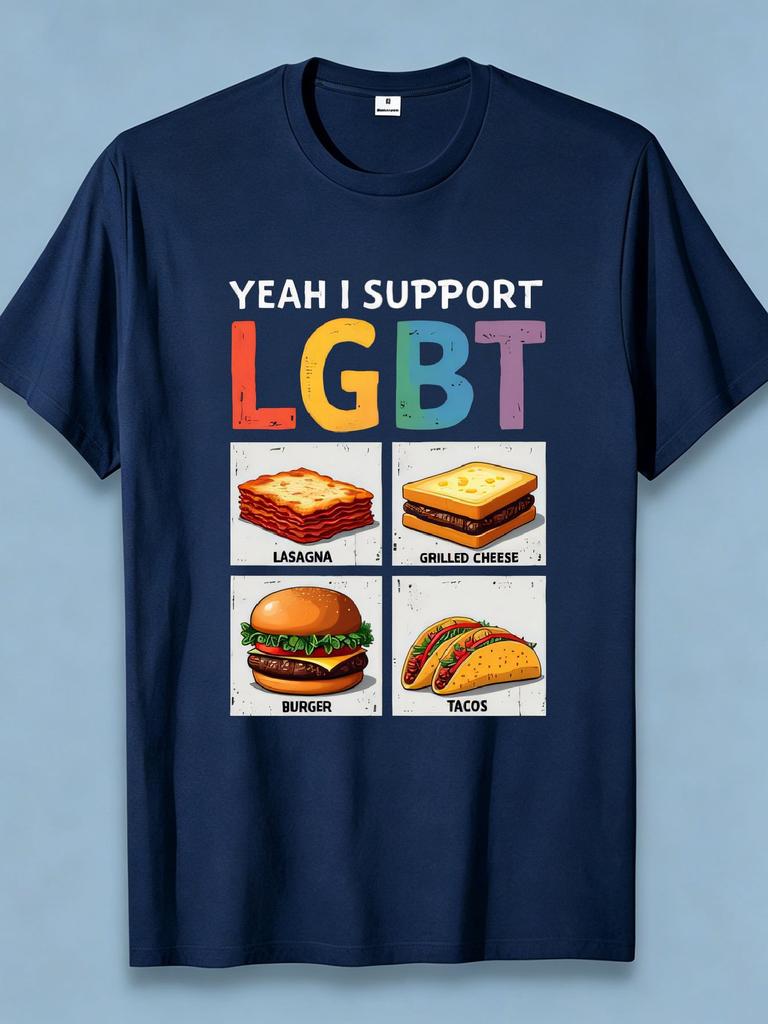 Men' Retro LGBT Support T-Shirt - Funny Lasagna Grilled Cheese Burger Tacos Wordplay Design - Breathable Polyester Short Sleeve Casual Round Neck Tee