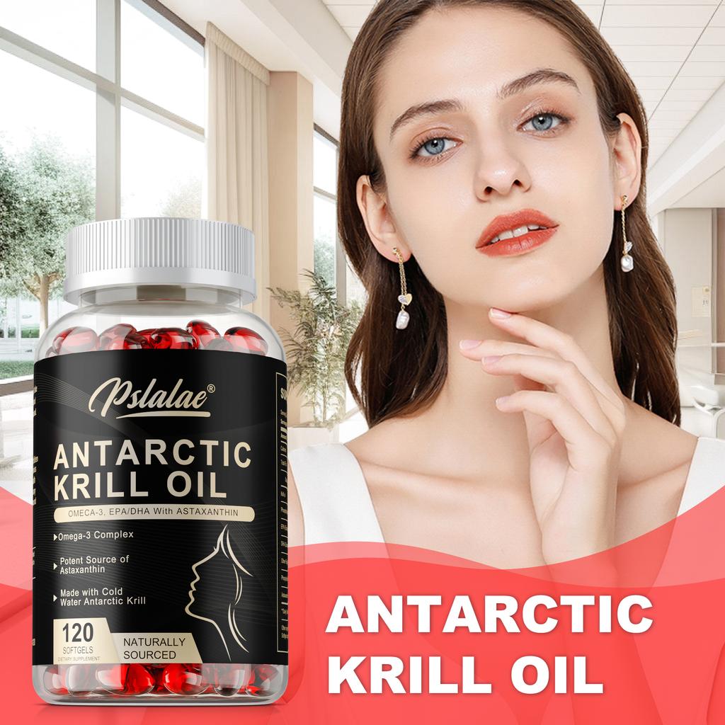Antarctic Krill Oil Softgels, Omega-3 Supplement; contains EPA, DHA, phospholipids, and astaxanthin; suitable for adults.