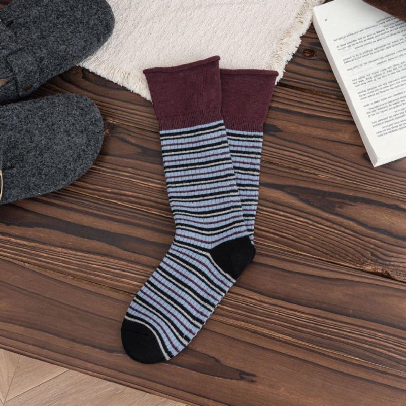 Autumn and Winter Color-blocking Striped High-slit Mid-calf Socks for Women's Fashion Pairs with Pure Cotton Puffy Long Socks