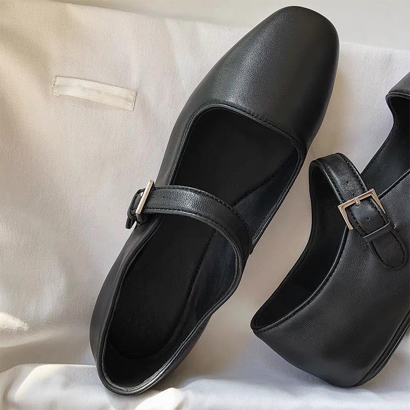 Leather Retro Square Head Mary Jane One-word Buckle with Versatile Flats Shallow Single Shoes Women's Shoes Spring Ballet Shoes
