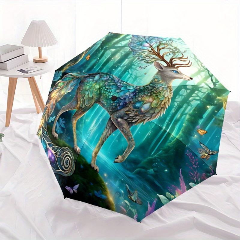 

1pc Mystical Deer with Wings and Antlers in a Luminous Woodland Setting Automatic Opening and Closing Umbrella - Small Umbrella Suitable for Vari