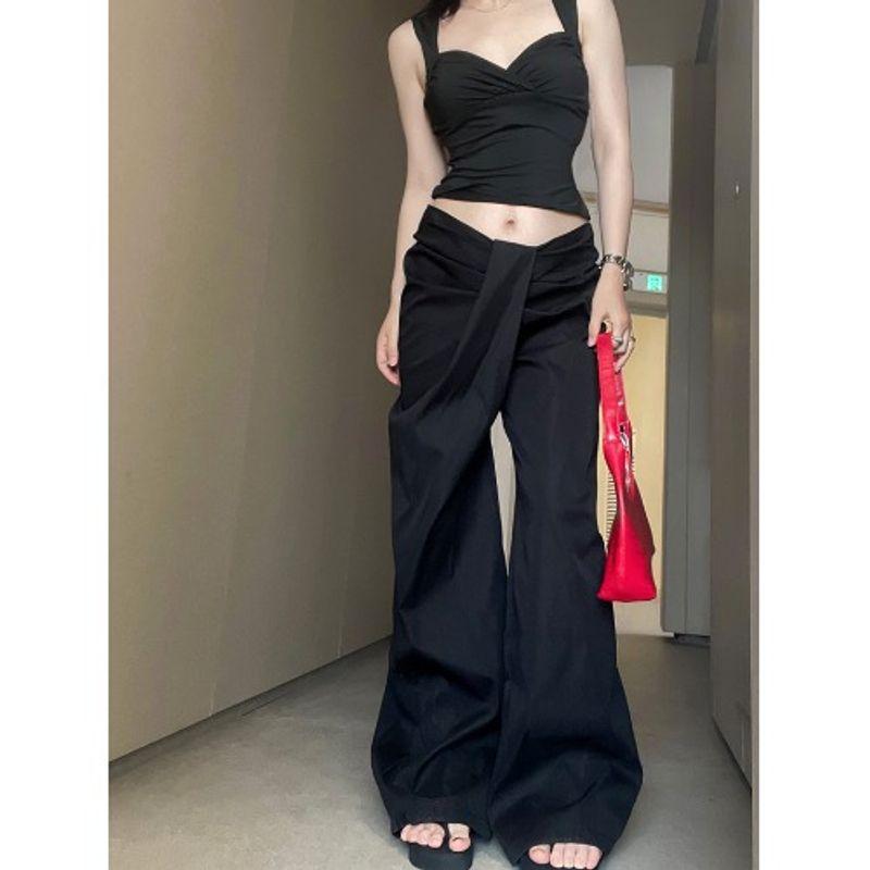 Kumikumi Stylish Asymmetric Large Ruched Casual Pants Women's Autumn Loose Feeling Low Waist Baggy Straight Trousers