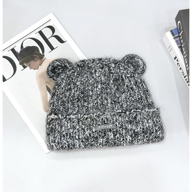 25 early autumn new cute ears plush hat women's intercolored fluffy autumn warm ear protection knitted hat