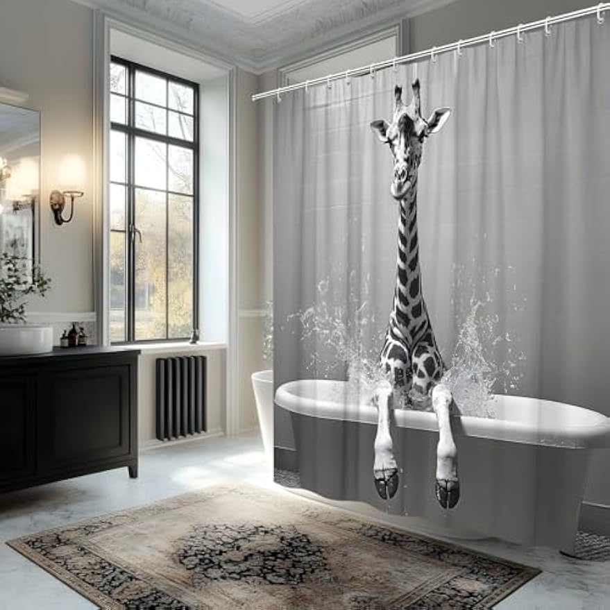 The Cute Giraffe Is Sitting In The Bathtub And Taking a Bath  Animals Wildlife Vintage   Fabric Bathroom Decorative Curtain