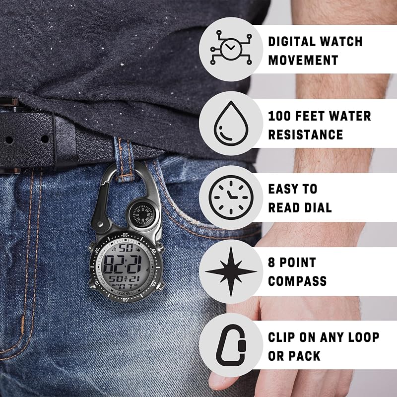 Dakota Pocket Watch with Carabiner, Digital, Waterproof, Alarm, Stopwatch, Timer, Compass, for Outdoor Activities, Camping, Hiking, and Travel