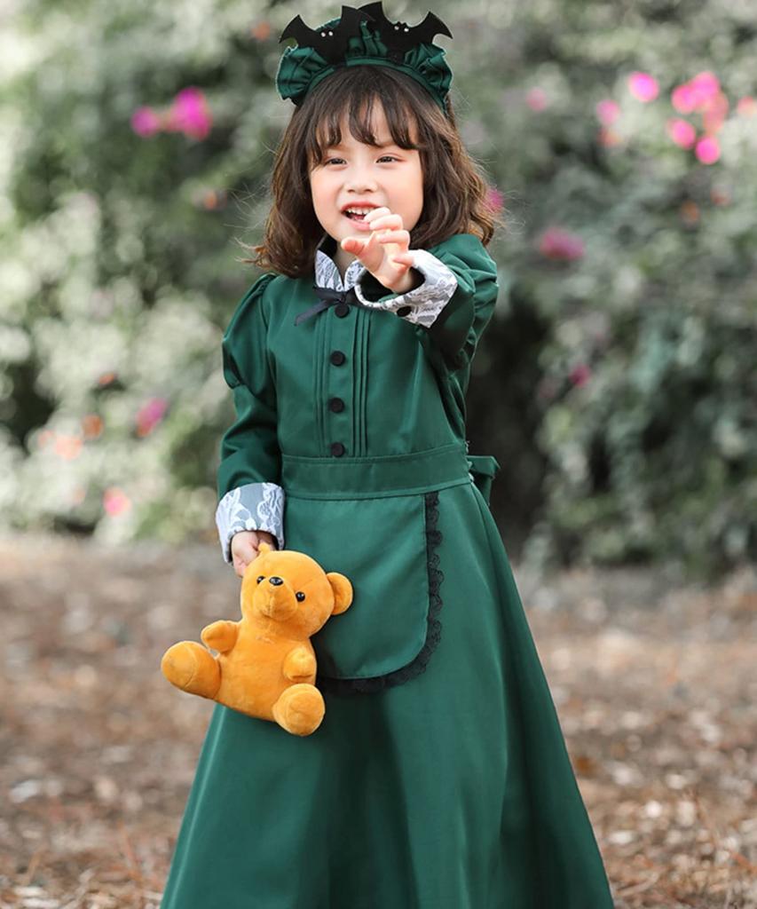 Milky Time Halloween Cosplay Maid Long Western-Style Costume, Women's, Green, (130cm, Kids)