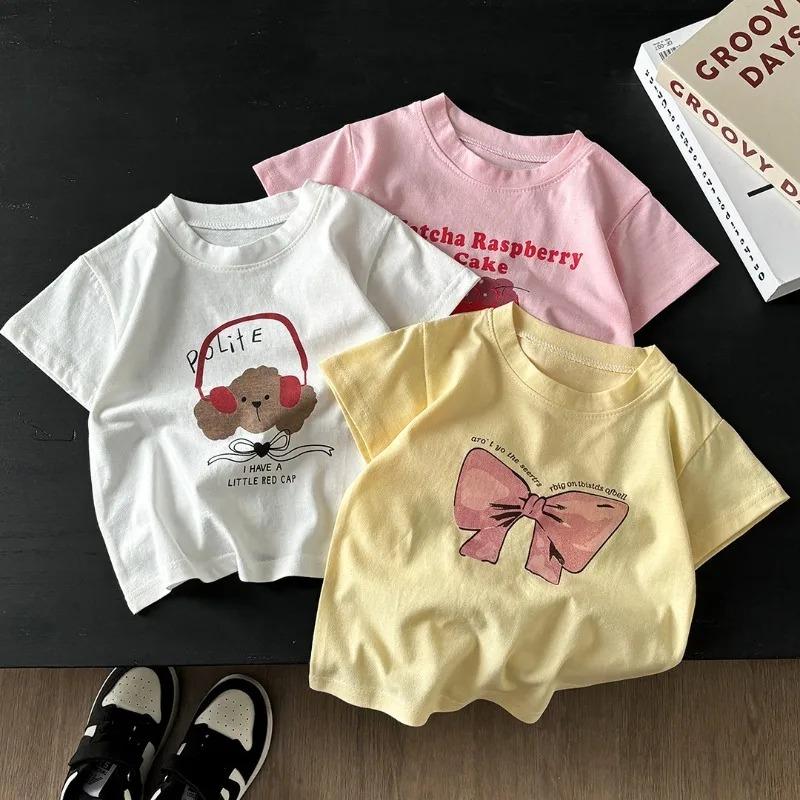 2026 Summer Children Cotton Short Sleeve Tee Cute Cartoon Print Crew Neck Soft Tops For Baby Toddler Boys Girls Kids Wear