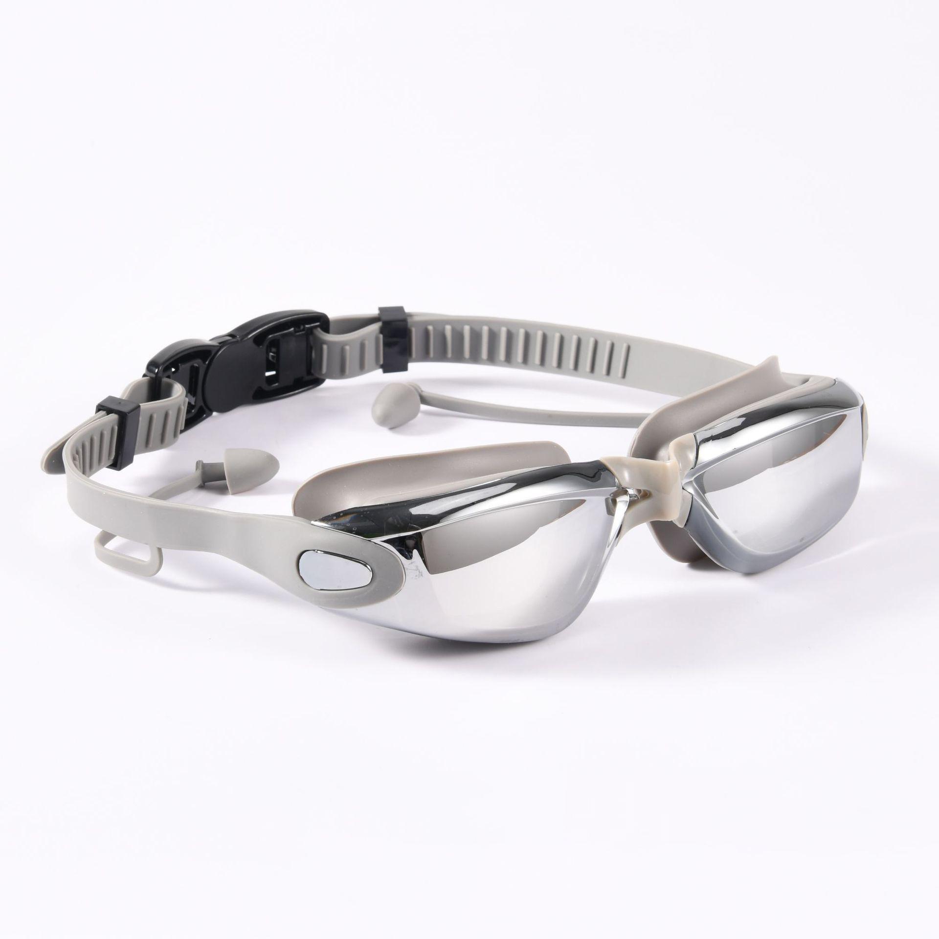 

Очки для плавания с гальваническим покрытием для взрослых, водонепроницаемые противотуманные очки для плавания HD, очки для водного спорта для подростков с затычками для ушей для мужчин и женщин серый