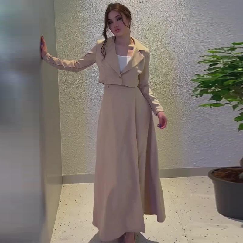 2024 Autumn European & American Turn-Down Collar Slim Fit Top and High Waist Midi Skirt Two-Piece Set