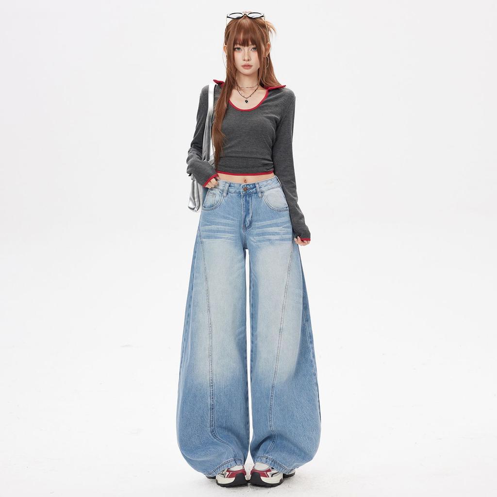 Autumn Winter High Street 3D Cut Relaxed Slim Saber Cut Wide Leg Denim Pants For Women Casual Pants Oversize Denim Trousers