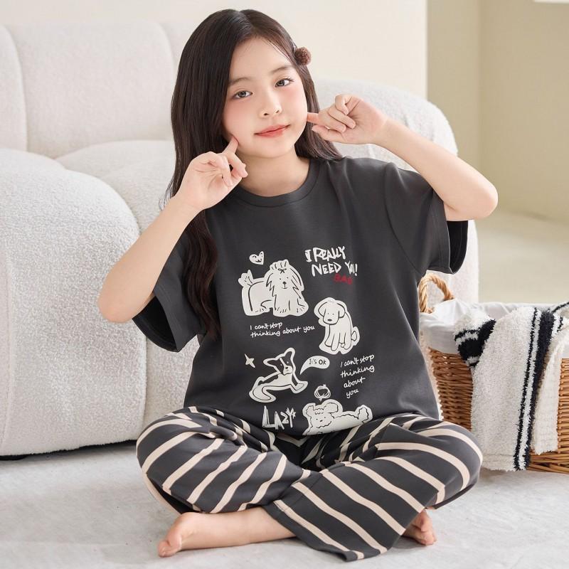 Girls Cotton Pajama Set Short Sleeve Long Pants Cartoon Print Sleepwear Kids Ages 4-12