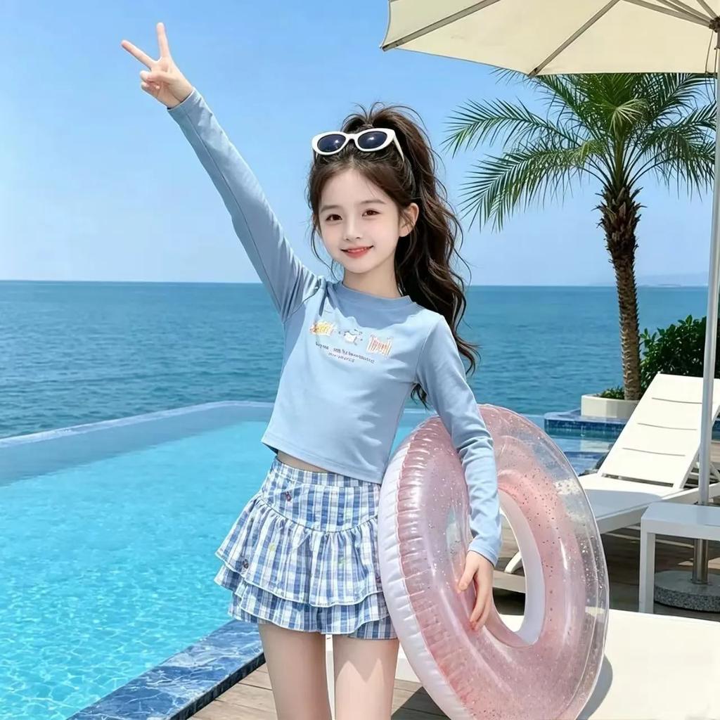 Girls Summer Long Sleeve Sun Protection Two Piece Swimsuit Trendy Middle Big Kids Swimwear Set