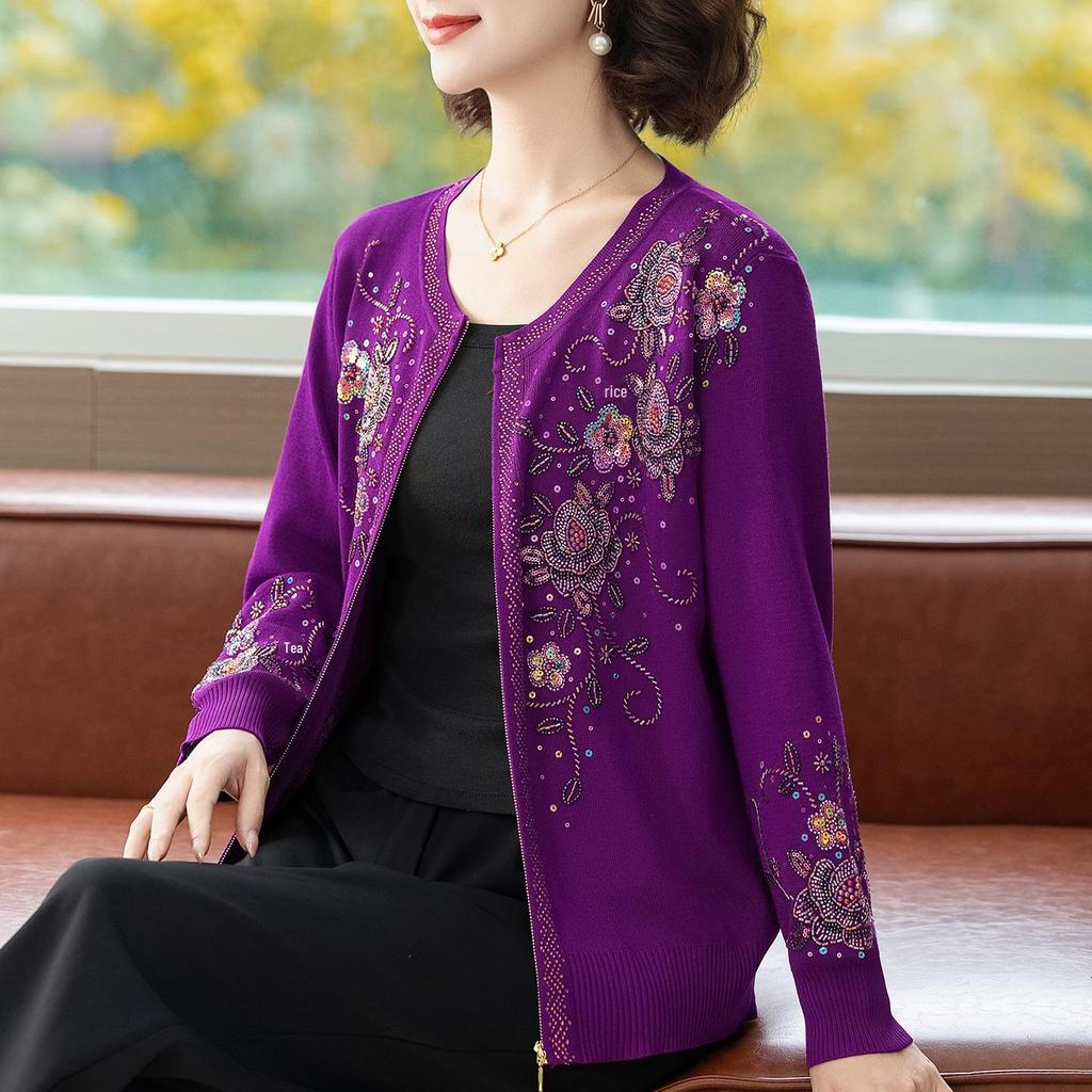 Cardigan Pesante Autunno/Inverno da Donna con Ricamo di Fiori Farfalla & Perline a Mano