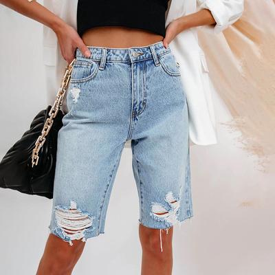 Cycling Denim Shorts Woman Fashion High Waist Hole Five-Point Shorts Washed Summer Thin Short Jeans