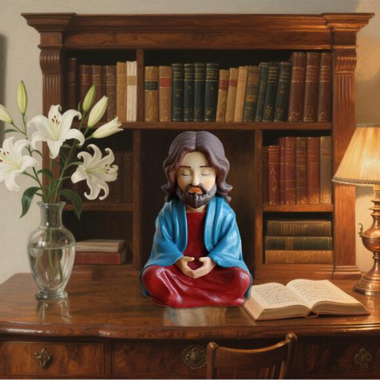 Meditating Cartoon Jesus Figurine Hand-Painted Jesus Statue Sculpture Religious Easter Christmas Desktop Decoration Ornament