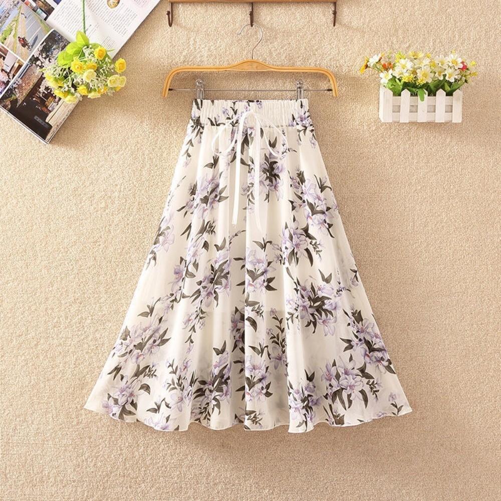 

Qooth Women A Line Flower Chiffon Skirt Wide Hem Mid Length Elastic Waist Casual Skirt QT2665 M