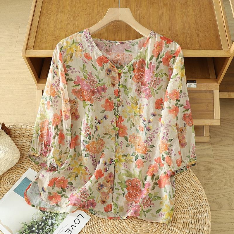 

Лето 2025 года, новая освежающая универсальная рубашка из хлопка и льна с принтом, женская рубашка с рукавами семь четвертей и V-образным вырезом, повседневный темпераментный кардиган 2XL