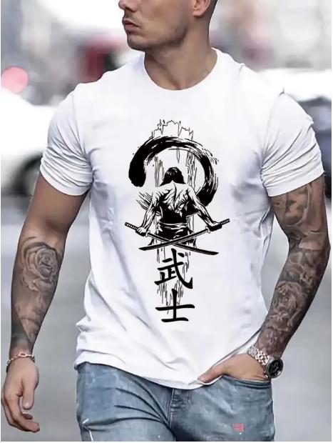 Unisexs Summer Cotton Fashionable Casual Sports Loose Japanese Samurai Pattern Printed Round Neck Short Sleeve Tshirt Top Shirts