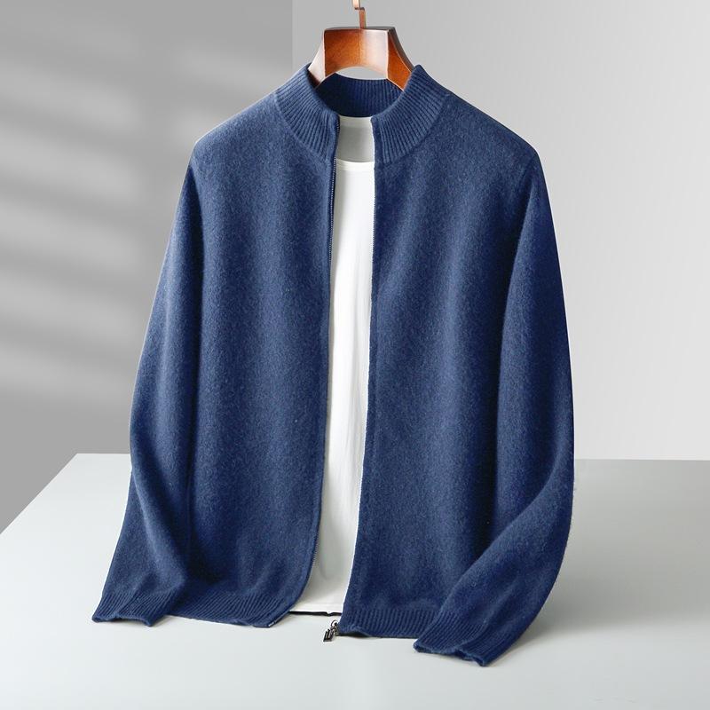 Men's Autumn Winter Warm Sweater Mock Collar Thickened Zippered Cardigan Cashmere Knitted Long Sleeve Tops