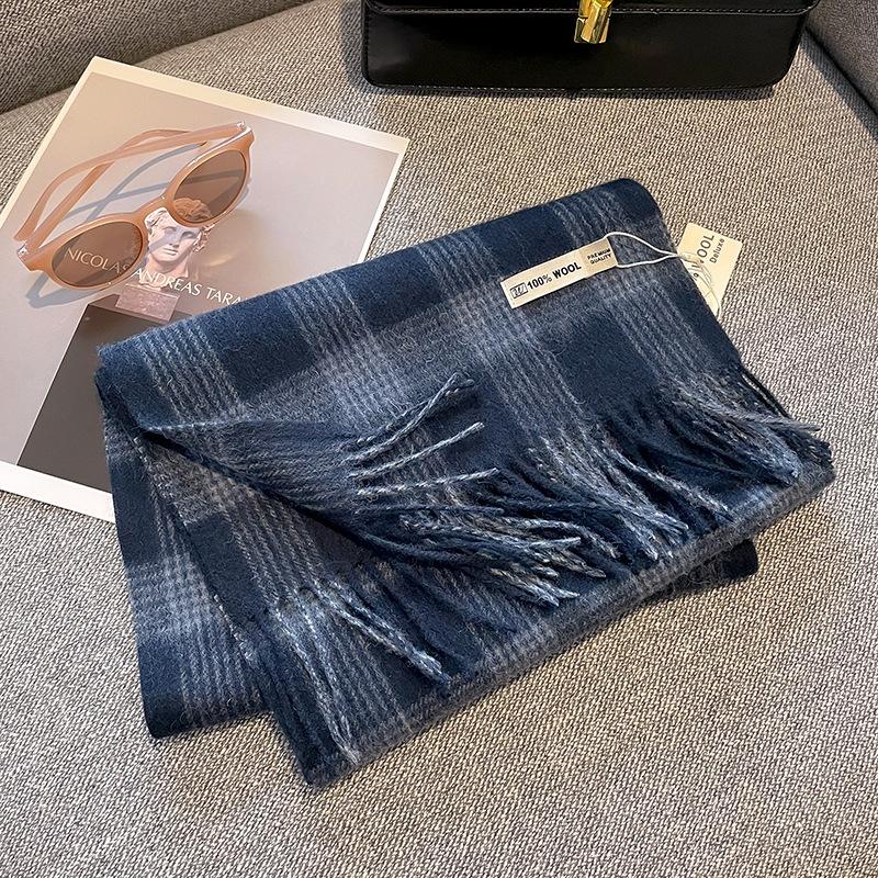 100% Pure Wool Scarf Female Winter Warm Cashmere Shawl Checkerboard Grain Design Couple Accessory Premium Sense Windproof Scarf