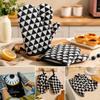 Oven Mitts Black White Geometric Triangle Pattern with Hanging Loops for Baking Cooking Serving and Daily Kitchen Use