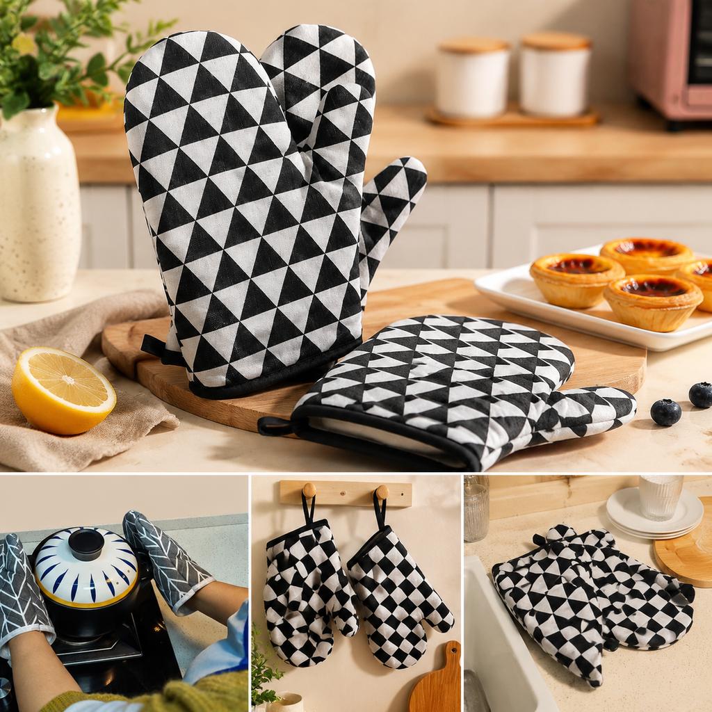 Oven Mitts Black White Geometric Triangle Pattern with Hanging Loops for Baking Cooking Serving and Daily Kitchen Use