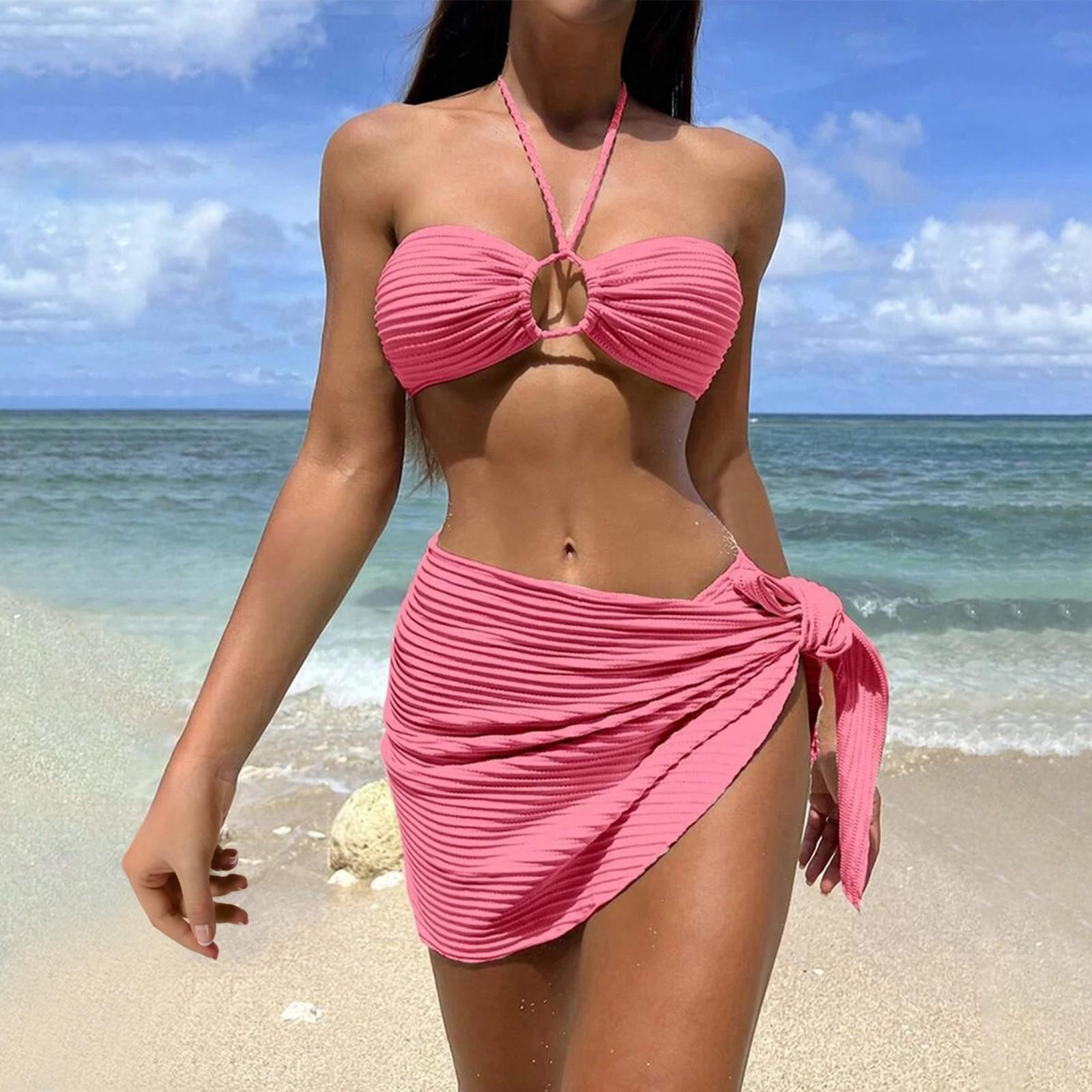 

Женское бикини, сексуальный однотонный купальник с воротником-халтер и пуш-ап, разделенный на три части S