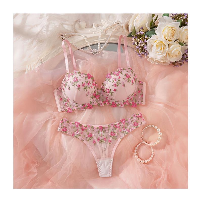 French Pink Floral Embroidered Bra and Thong Lingerie Set