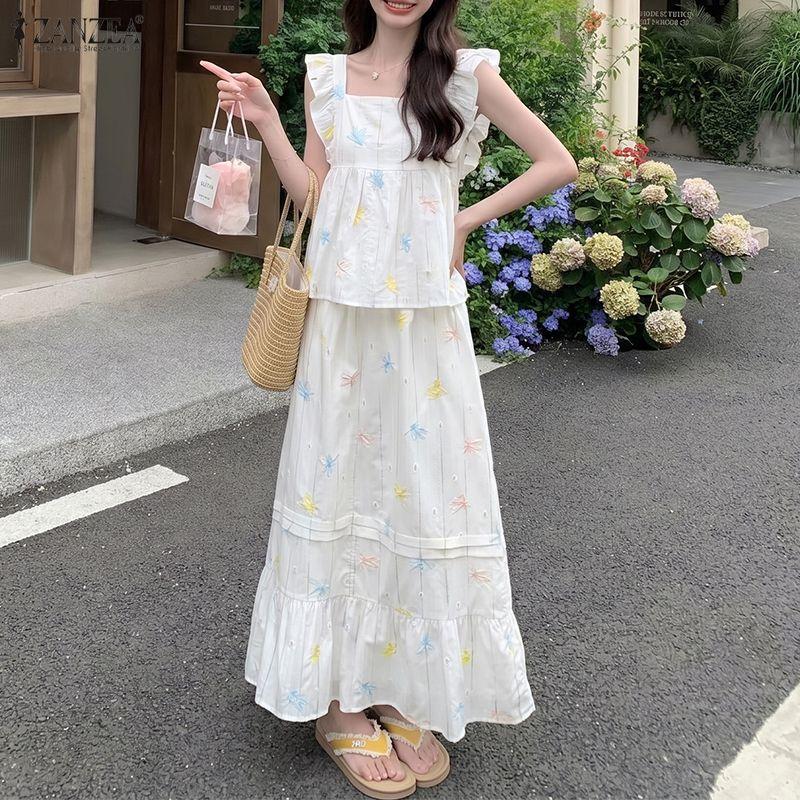 ZANZEA Women Sleeveless Tank Tops and Long Skirts Casual Two Piece Suit Sets