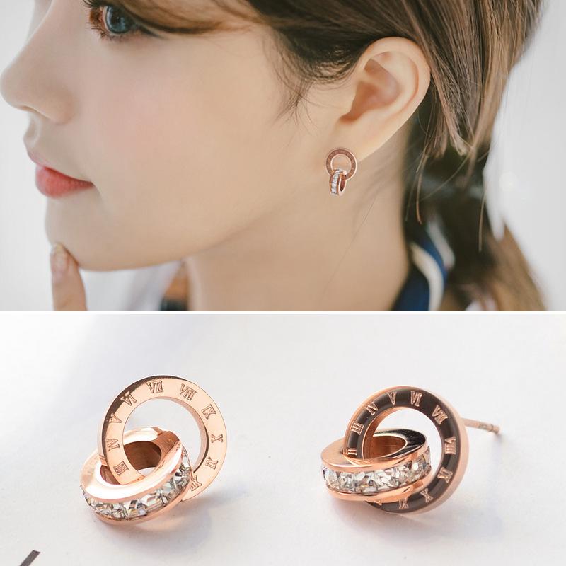 Wenjian 18K Gold-Plated Roman Ring Zircon Rose Gold Earrings