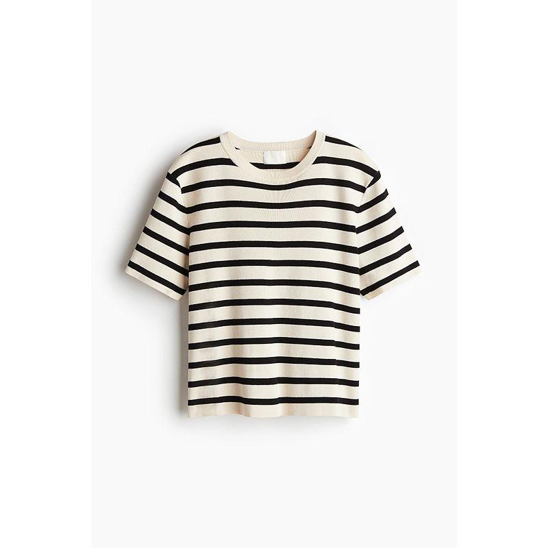 

HM Women s T-shirt 2025 Autumn New Arrival Fine Knitting Plaid Crew Neck Inner Short Sleeve Elegant Tops 1260796 Cream/Black Stripes 155/80(XS)