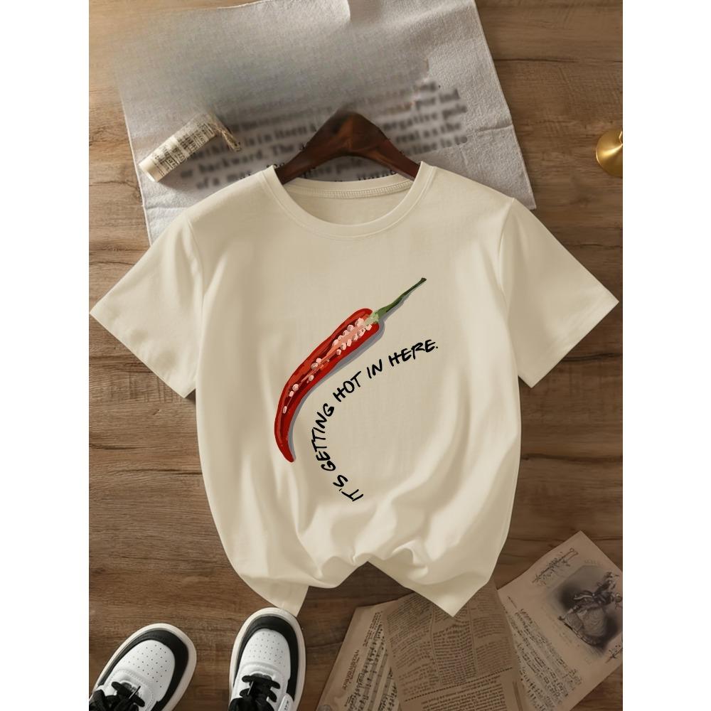 T-shirt da Donna a Maniche Corte con Peperoncino Rosso e Slogan Stile Vintage Famoso