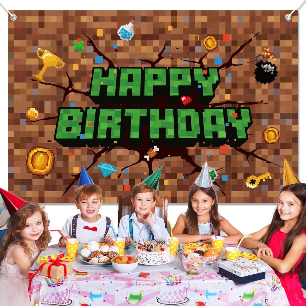 Pixel Birthday Decorations, 5x3 ft Happy Birthday Banner Backdrop for Miner TNT & Pixel Themed Celebration Kids Boys Game Party Supplies